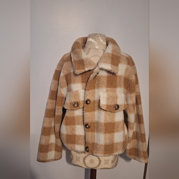NWT Papa Vancouver Cozy Checkered Teddy Jacket - Brown and White Check - Picture 9 of 11